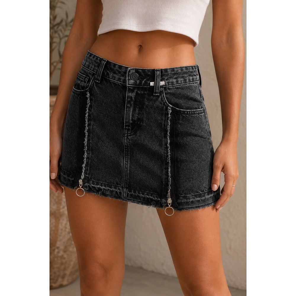 Zara Basic Z1975‎ Denim Black Acid Wash Deconstructed Zip Mini Skirt Size S 26